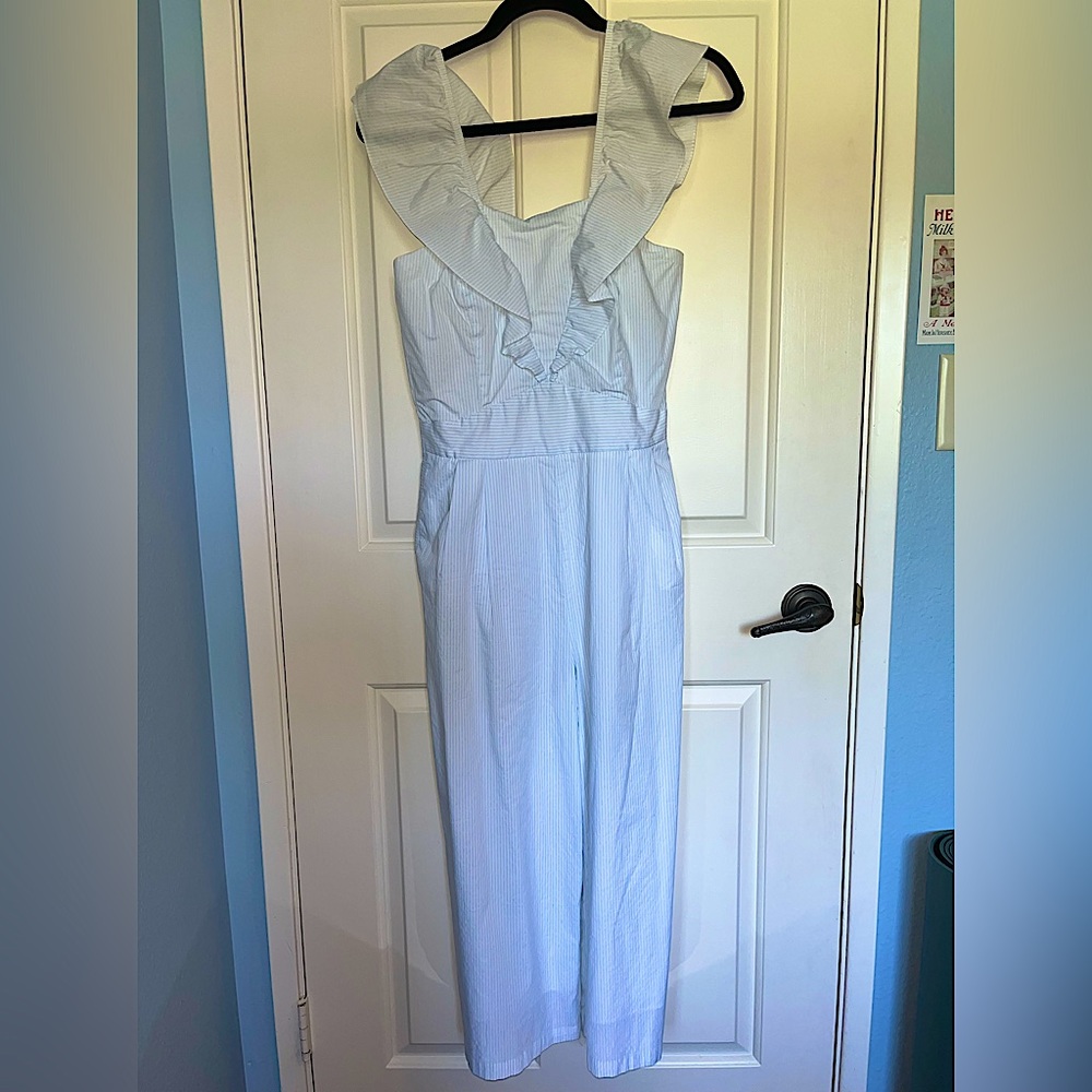 Pastel light blue striped romper with ruffled straps (NAF NAF)